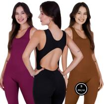Kit 3 Macacão de Academia Fitness Liso -c4 KIT 2 SOLANGE VINHO, PRETO E MARROM Kit 3 Macacão de Academia Fitness Liso -c4 KIT 2 SOLANGE VINHO, PRETO E MARROM