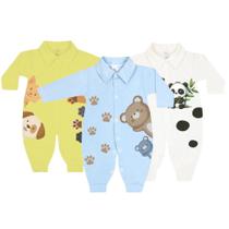 Kit 3 Macacão Estampado Suedine Roupa Bebê Meninos e Meninas Kit 3 Macacão Estampado Suedine Roupa Bebê Meninos e Meninas
