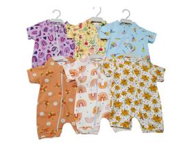 Kit 3 Macacões Curto para Bebê com Zíper e Estampado Kit 3 Macacões Curto para Bebê com Zíper e Estampado