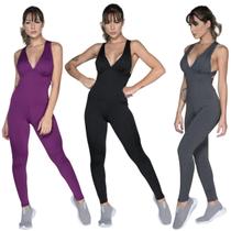 Kit 3 Macacões Fitness Longo Com Bojo Liso Treino Academia