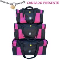 Kit 3 Mala Rosa Barbiee Bolsa Viagem Sacola Grande Média P