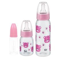 Kit 3 Mamadeiras de Bebê 50/120/240ml Bico de Silicone Redondo Rosa Azul Ursinho 0+m