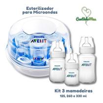 Kit 3 mamadeiras + esterilizador para microondas - avent