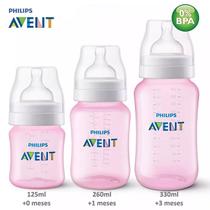 Kit 3 Mamadeiras Philips Avent Classic 125 / 260 / 330ml de 0 a 6 Meses - Rosa