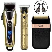 Kit 3 Maquinas Elétricas Recarregáveis Sem Fio Cortar Cabelo Acabamento Barba Barbeador Shaver