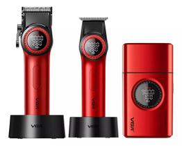Kit 3 Máquinas VGR Completo Profissional Corte V001 Acabamento V977 Base Shaver V377 Original Barbeador Elétrico Cortador Cabelo Barba Recarregável