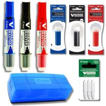 Kit 3 Marcadores Quadro Branco Recarregável + Refil + Apagador + Refil de Ponta PILOT