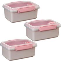 Kit 3 Marmitas Microondas Retangular Pote Vasinha Pequena Com Travas Válvula Fit Divisória Salada