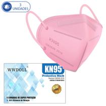 Kit 3 Máscaras Descartáveis KN95 WWDoll Cinco Camadas Rosa Clipe