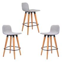 Kit 3 Meia Banquetas Línea em Linho e Carvalho c/ Aço Cinza