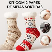 KIT 3 Meia Térmica com Sola Antiderrapante Unissex Adulto Grossa Meia Lã Forrada Cano Alto Pelinho Meia de Lã Inverno Masculina Aconchegante Meia Lã