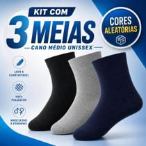 Kit 3 Meias Cano Medio Meia Masculino e Feminino Multicolorido Poliéster Kit 3 Meias Cano Medio Meia Masculino e Feminino Multicolorido Poliéster