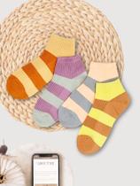 Kit 3 Meias Feminina Soquete Cano Curto Algodão Listrada Monocromática