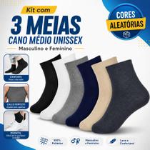 Kit 3 Meias Medio Meia Masculino e Feminino Para Trabalho, Escola, Academia e Esportes Multicolorido Poliéster