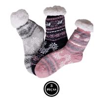 KIT 3 Meias Térmica Forrada Lã Antiderrapante Grossa Inverno - KIT 3 MEIA PELÚCIA CINZA PRETO ROSA