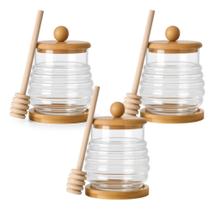 Kit 3 Meleira Vidro Transparente Bambu Tampa Pegador 270ml