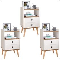 Kit 3 Mesas Cabeceira Dream Jogo Mesinha Decorativa Lateral Cama Decoração Quarto Casal Solteiro - Off White/Freijó - RPM Móveis