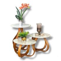 Kit 3 Mesas Cebola Base Laminada Com Tampo De MDF Com Vidro Brancas