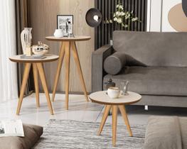 Kit 3 Mesas Lateral, Apoio e Centro Redonda 40 Pés Palito cor Off white / Freijó - JM Casa dos Moveis Kit 3 Mesas Lateral, Apoio e Centro Redonda 40 Pés Palito cor Off white / Freijó - JM Casa dos Moveis