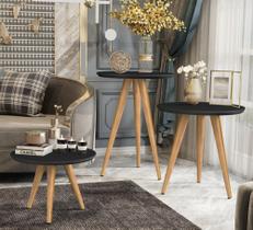 Kit 3 Mesinhas Centro Apoio e Lateral Retrô com Pés Palito - Preto Kit 3 Mesinhas Centro Apoio e Lateral Retrô com Pés Palito - Preto