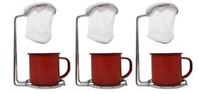 Kit 3 Mini Coador Café Aço Cromado Com Caneca Esmaltada Vermelha 120ml