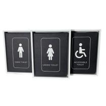 Kit 3 Mini Quadros Sinalização de Banheiro Inglês Toque Elegante e Natural para sua Decoração