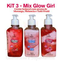 Kit 3 Mix Glow Girl Gel Aromatizante Beijável Morango, Melancia e Frutti-Trutti 280g Corpo Bumbum e