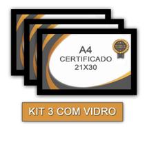 Kit 3 Moldura Quadro Certificado Com Vidro A4 21X30 - Preto