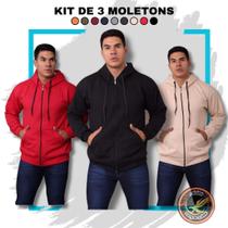 Kit 3 Moletons Masculino com Ziper Canguro com Capuz Forrado e Bolsos