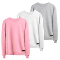 Kit 3 Moletons Masculino e Feminino Liso Básico sem Capuz gola Redonda