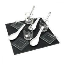 Kit 3 Molheiras Bandeja Ardósia Copos Mini Pratinhos Pratos Colheres Inox Porcelana Degustação Aperitivos 13pçs 25cm