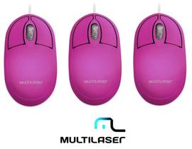 Kit 3 Mouse Optico Usb Full Rosa 1200 Dpi Mo304 Destros E Canhotos Multilaser