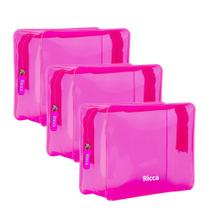 Kit 3 Necessaire Rosa Neon Transparente Média Ricca 17x22x8cm