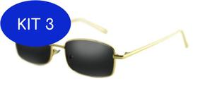 Kit 3 Óculos Sol Quad Rêtro Retangular Vintage - Preto/Dourado