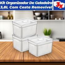 Kit 3 Organizador de Geladeira 3,8 Litros Cesto Com Tampa Multiuso Alimentos Verduras e Vegetais