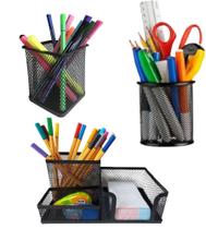 Kit 3 Organizador de Mesa Porta Caneta Lápis Aramado Telado - 3 Modelos