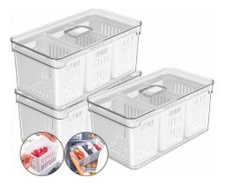 Kit 3 Organizador Geladeira Acrílico Três Cestos Drenagem 5L