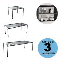 KIT 3 Organizador Suporte de Armário Cozinha Prateleira Pratos Copos Aramado Preto