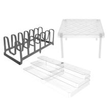 Kit 3 Organizadores de Armário Porta Tampas Prateleira e Expositor Extensível Plástico Cozinha Ou