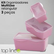 Kit 3 Organizadores Retangular BPA Free Três tamanhos Pote Plástico Multiuso para Cozinha Top Line