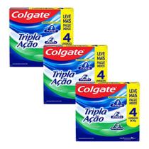 Kit 3 Pack Creme Dental Anticárie com Flúor e Cálcio Colgate Tripla Ação 90g 4un Cada