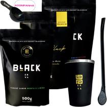 Kit 3 Pacotes Black Erva Mate Tereré + Copo de Alumínio Térmico + Bomba Clássica Preta + Scoop