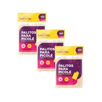 Kit 3 Pacotes Palito de Picolé de Bambu Redondo Natural Com 100 Unidades