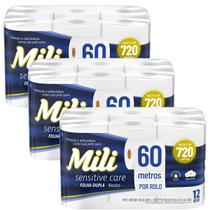 Kit 3 Pacotes Papel Higiênico Folha Dupla Mili 12 Rolos com 60 Metros Sensitive Care Neutro - Kit 2160 Metros de Papel