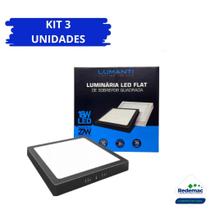 Kit 3 Painel Led Sobrepor Quadrado Preto 18w 6500k