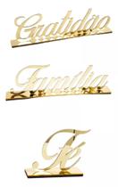 Kit 3 Palavras Gratidão Decoração Acrilico Dourado Letreiro Família fé Frases Motivacionais