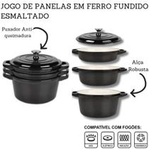 Kit 3 Panelas Ferro Fundido Caçarolas Maciça Esmaltada Preto
