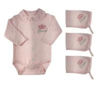 Kit 3 panos de boca + body longo rosa coroa personalizado com o nome do bebê