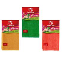 Kit 3 Panos Multiuso Microfibra Multiuso 35x35 Amarelo Verde Laranja