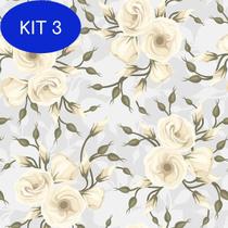 Kit 3 Papel de Parede Floral Cinza Detalhe Off White e Verde